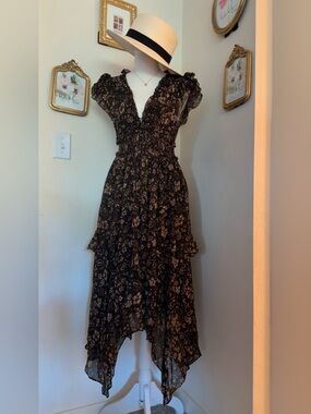 Ulla Johnson Black Floral Asymmetrical Midi Dress 100% Silk